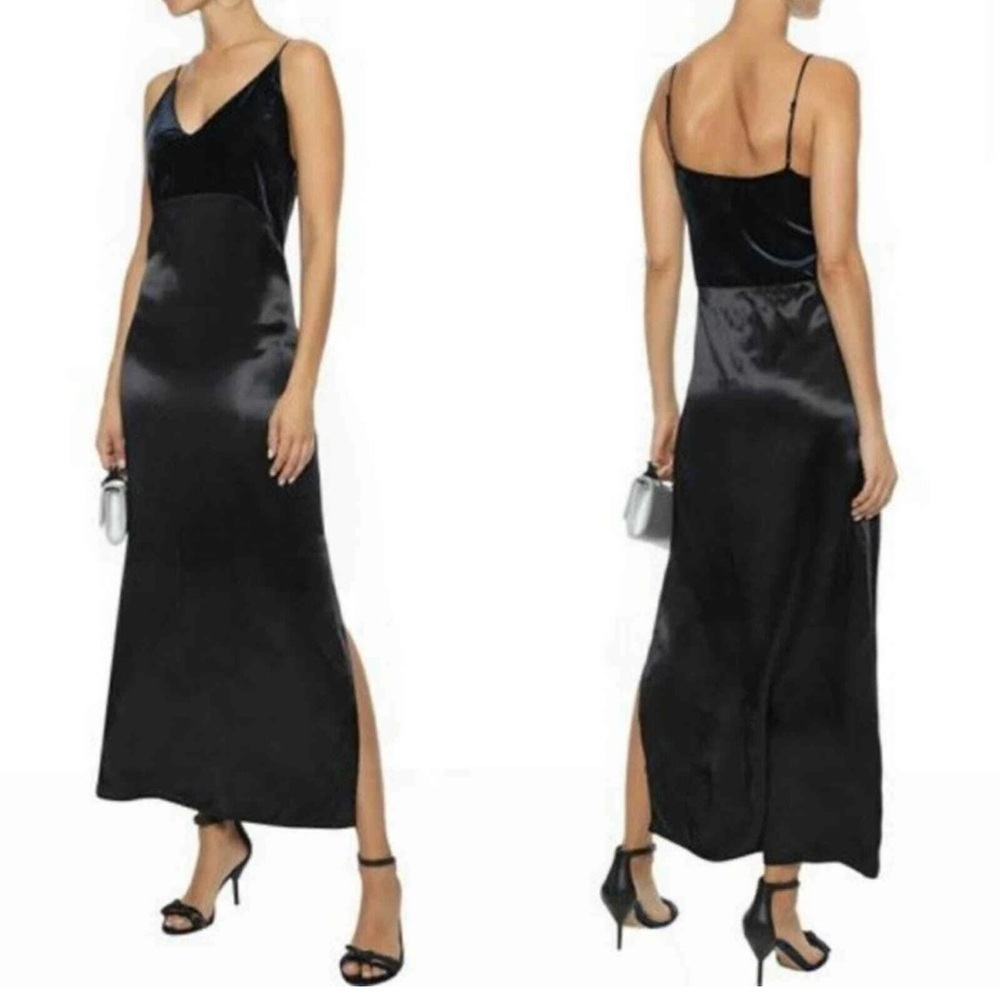 Maje Ryck Midi Slip Dress Navy Blue Black Velvet Satin